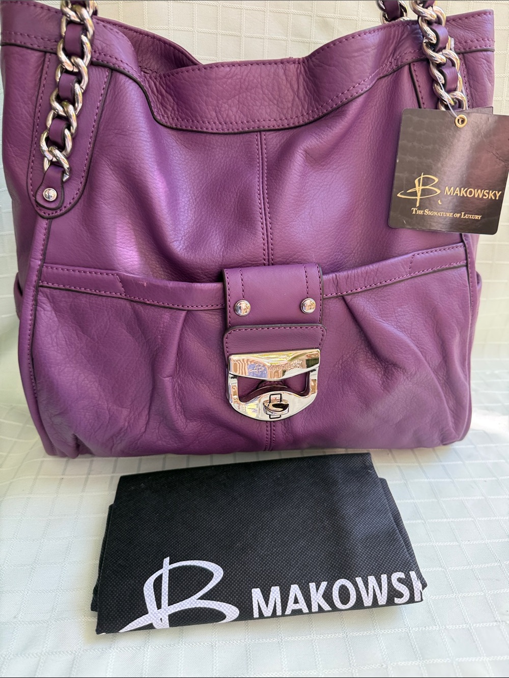 New B.Makowsky Purple Pebbled Leather Chain-Handle Large Tote Silver Hardware